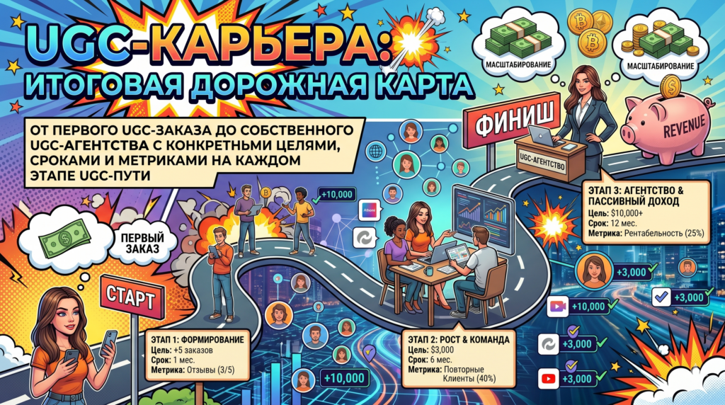 Иллюстрация к статье о UGC-карьере: дорожная карта с тремя этапами — от первого заказа через формирование и рост с командой до собственного агентства с пассивным доходом, метрики и цели на каждом этапе