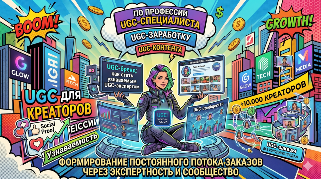 Иллюстрация к статье о UGC-бренде: креатор формирует узнаваемый экспертный имидж, строит UGC-сообщество и привлекает заказы через авторитет и вовлечение на ярком фоне