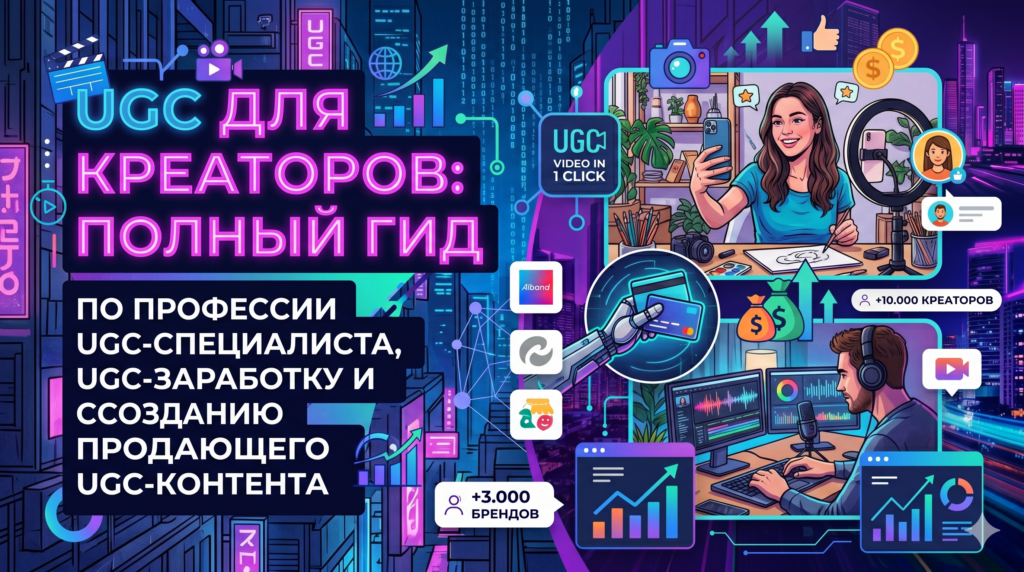 Обложка гида для UGC-креаторов: девушка снимает контент на смартфон, мужчина монтирует видео за компьютером, неоновые элементы графики роста и заработка