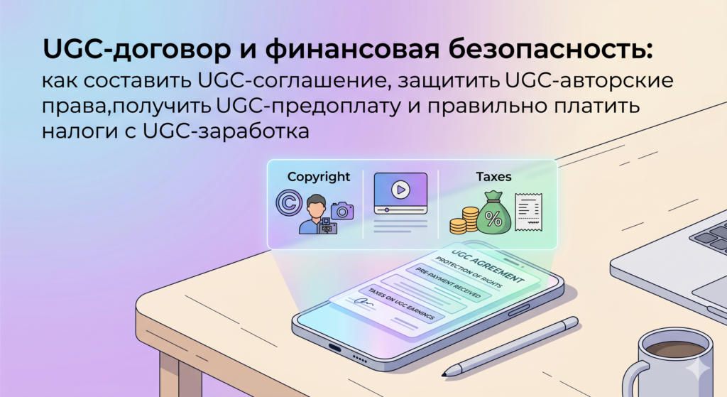 Иллюстрация к статье о UGC-договоре и финансовой безопасности: смартфон с UGC-соглашением, иконки авторских прав и налогов на рабочем столе