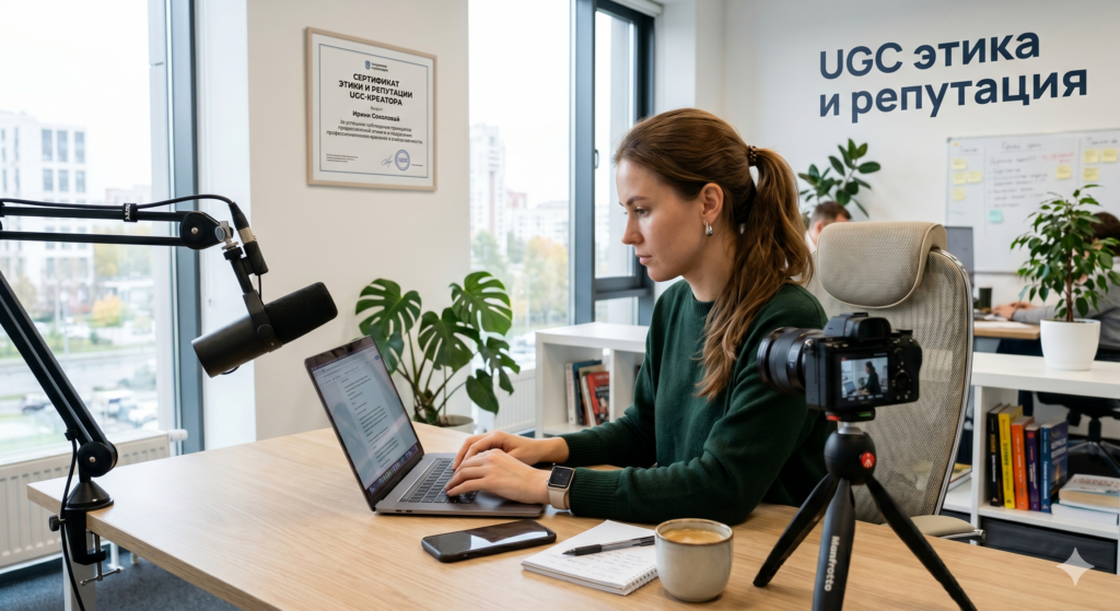 Иллюстрация к статье об UGC-этике и репутации: креатор за работой с сертификатом этики и репутации UGC-креатора, честные отзывы, фильтр честности и отказ от сомнительных проектов