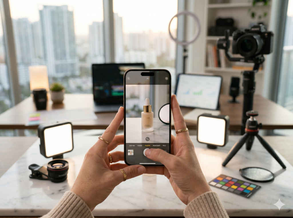 UGC-креатор снимает beauty-продукт на iPhone в профессиональной домашней студии: на экране интерфейс камеры с режимами VIDEO/PHOTO/PORTRAIT, рядом LED-панели, цветовая карта для цветокоррекции, сменный объектив, кольцевая лампа и камера на штативе