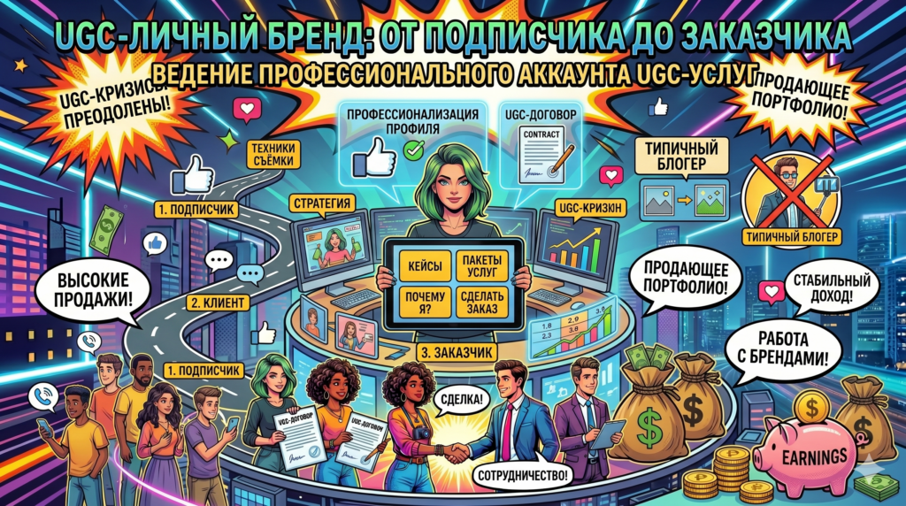 Иллюстрация к статье о UGC-личном бренде: путь от подписчика к клиенту и заказчику, профессионализация профиля, кейсы, пакеты услуг, UGC-договор и стабильный доход на ярком фоне