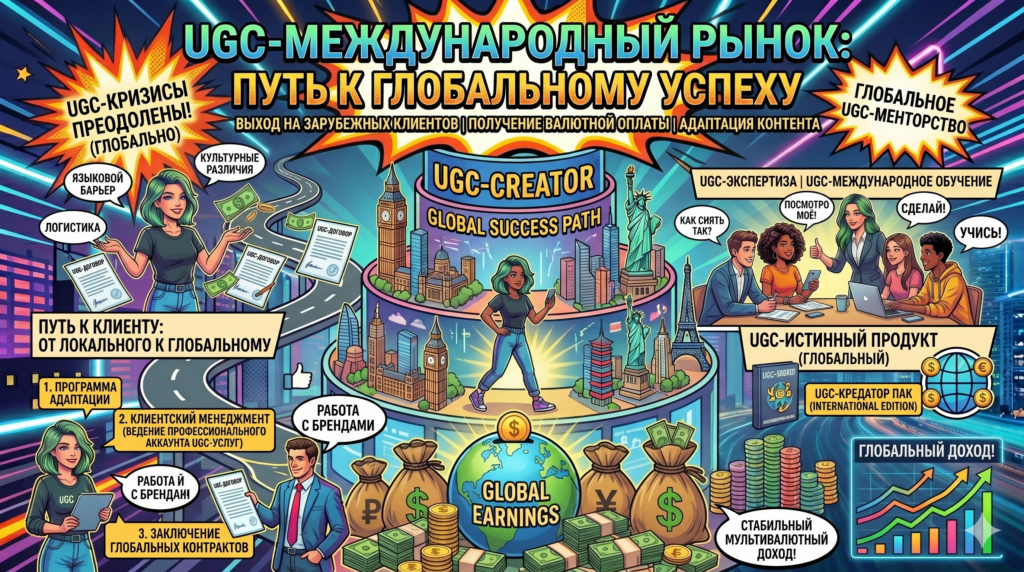 Иллюстрация к статье о UGC-международном рынке: креатор на фоне мировых достопримечательностей, путь от локального к глобальному, валютные доходы, UGC-договоры с зарубежными клиентами и адаптация контента