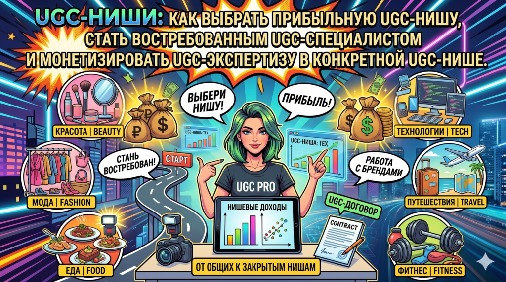 Иллюстрация к статье о UGC-нишах: креатор выбирает прибыльную нишу среди направлений beauty, fashion, food, tech, travel, fitness, графики доходов и контракты с брендами на ярком фоне