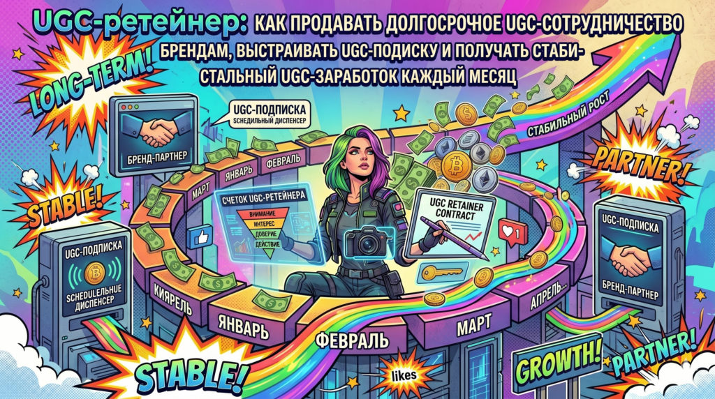 Иллюстрация к статье о UGC-ретейнере: креатор с документом, элементы долгосрочного сотрудничества с брендом-партнёром, UGC-подписка, ежемесячный доход и контракт на ярком фоне