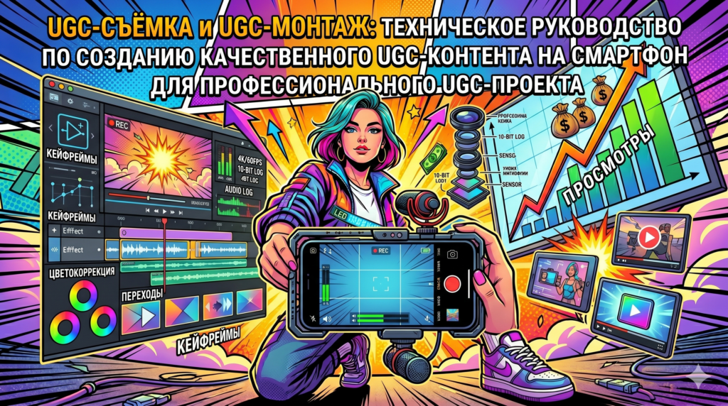 Иллюстрация к техническому руководству по UGC-съёмке и UGC-монтажу: креатор снимает контент на смартфон, интерфейс видеоредактора с кейфреймами, цветокоррекцией и переходами