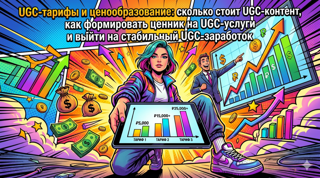 Иллюстрация к статье о UGC-тарифах и ценообразовании: креатор показывает планшет с градацией тарифов, рост заработка и денежные символы на ярком фоне