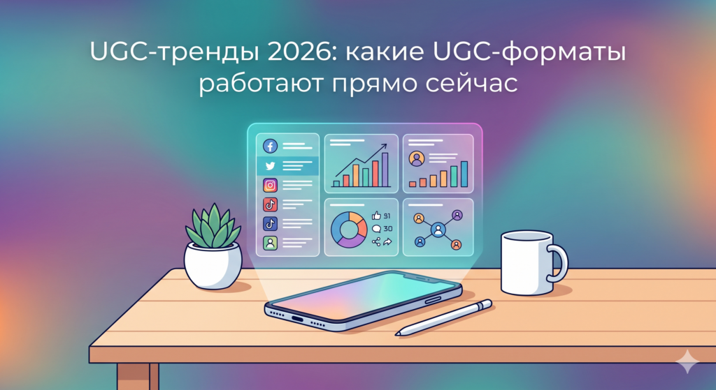 Иллюстрация к статье о UGC-трендах 2026: дашборд с аналитикой социальных сетей, графики роста и метрики вовлечения на фоне рабочего стола со смартфоном