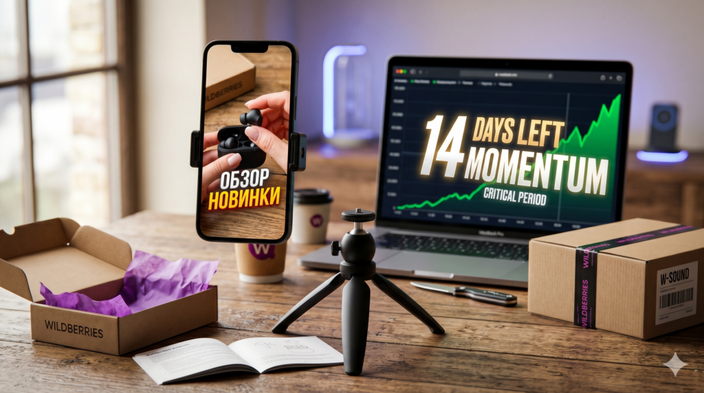 Алгоритм Momentum на Wildberries: съёмка UGC-обзора новинки на телефоне с подписью «ОБЗОР НОВИНКИ», на ноутбуке — дашборд с обратным отсчётом «14 DAYS LEFT MOMENTUM CRITICAL PERIOD» и растущим графиком