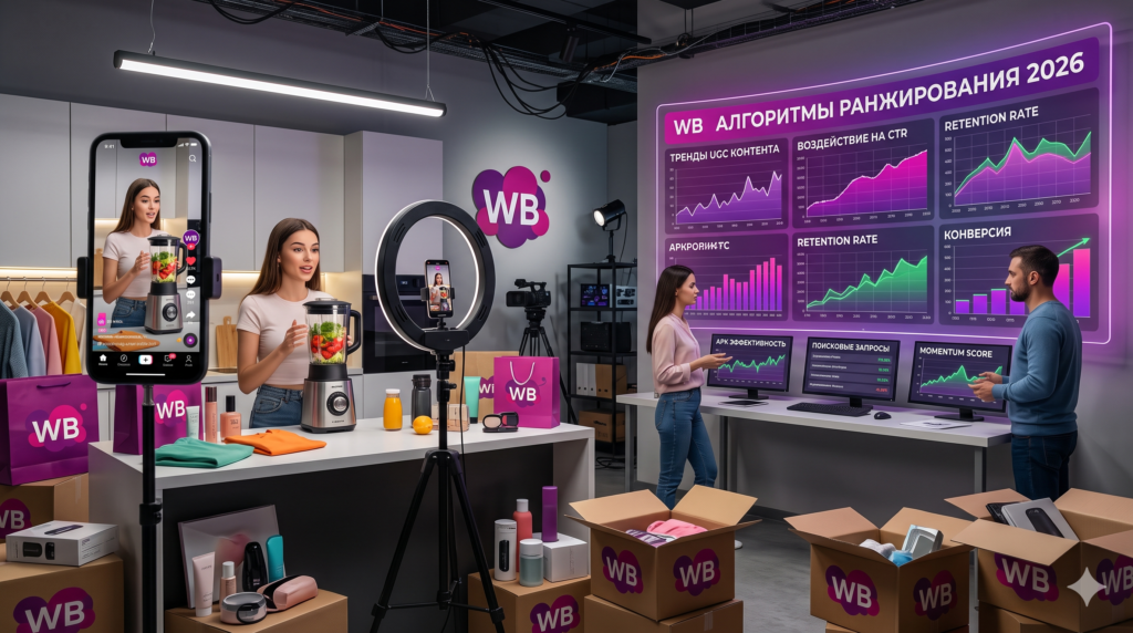Профессиональная студия UGC-съёмки для Wildberries: креатор снимает обзор блендера на телефон, команда аналитиков изучает дашборд «WB АЛГОРИТМЫ РАНЖИРОВАНИЯ 2026» с метриками Retention Rate, CTR, конверсия и Momentum Score