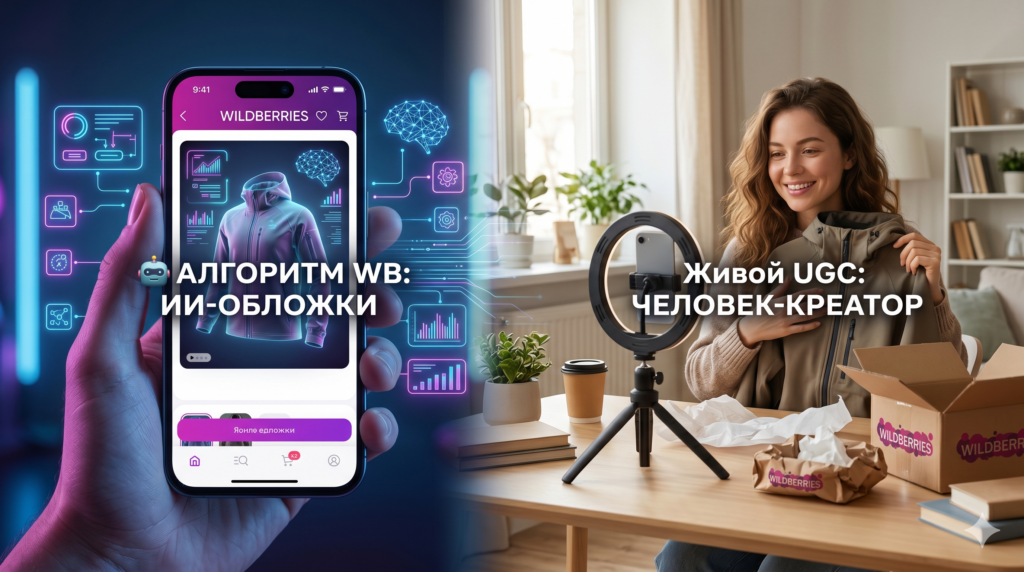 Контраст ИИ-видеообложек и живого UGC для Wildberries: слева — экран с алгоритмом WB, цифровыми графиками и ИИ-генерацией контента, справа — живой креатор с телефоном, снимающий нативный UGC-ролик в домашней обстановке