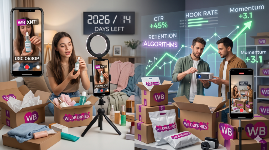 Мультимодальная система ранжирования Wildberries 2026: креаторы снимают UGC-обзоры на телефон с метками «WB ХИТ!», алгоритмы анализируют CTR +45%, Hook Rate, Retention и Momentum +3.1, таймер «2026/14 DAYS LEFT»