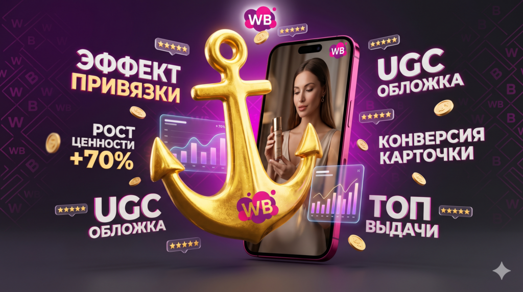 Концептуальная иллюстрация эффекта привязки на Wildberries: золотой якорь, смартфон с UGC-видео девушки с косметикой, графики роста ценности +70%, пятизвёздочные рейтинги, золотые монеты и метрики конверсии карточки и топ выдачи.