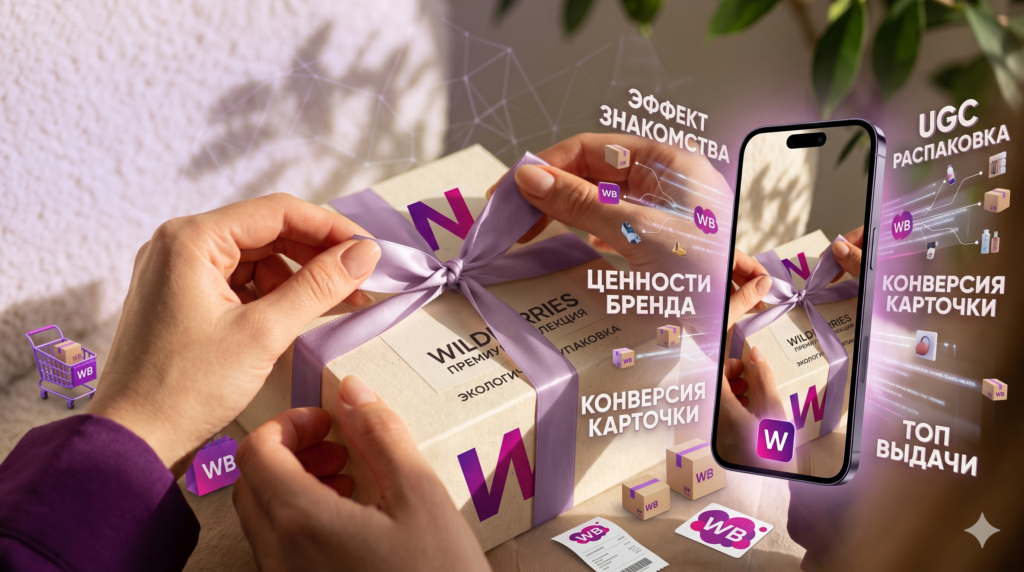 Концептуальная иллюстрация эффекта знакомства с брендом через UGC-распаковки на Wildberries: руки распаковывают премиальную коробку WB с лентой, смартфон с UGC-видео распаковки, маркеры «Эффект знакомства», «Ценности бренда» и «Топ выдачи».