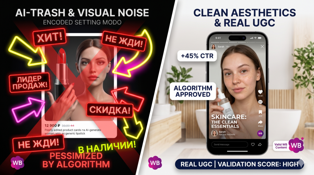 Сравнение AI-generated дизайна и реального UGC на Wildberries: перегруженная неоновая карточка товара против Clean Aesthetics с живым фото. Инфографика об алгоритмах маркетплейса и CTR в 2026 году.