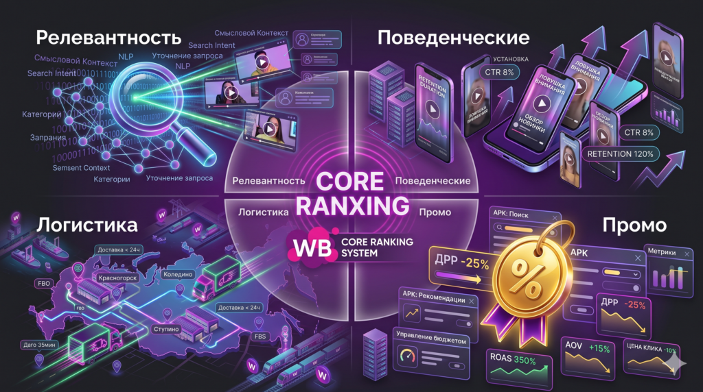Инфографика «Квадрант Ранжирования Wildberries 2026» с четырьмя столпами: Релевантность, Поведенческие факторы, Логистика и Промо. Центральная схема Core Ranking System WB.