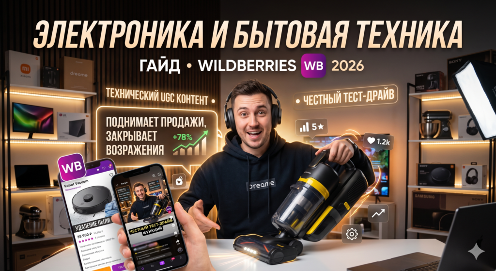 Технический UGC-контент и честный тест-драйв беспроводного пылесоса Dreame на Wildberries 2026 — блогер снимает обзор гаджета на фоне полок с электроникой Xiaomi, Sony, LG и Samsung