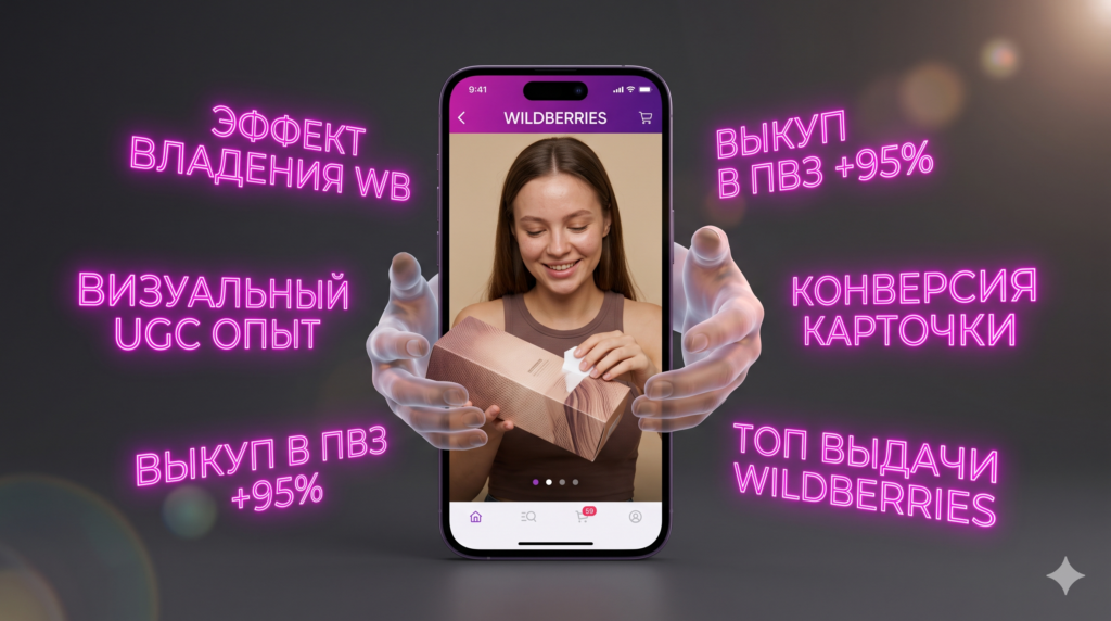 Концептуальная иллюстрация эффекта владения на Wildberries: смартфон с UGC-видео девушки, примеряющей товар, полупрозрачные руки тянутся к экрану, маркеры «Эффект владения WB», «Визуальный UGC опыт», «Выкуп в ПВЗ +95%» и «Топ выдачи».