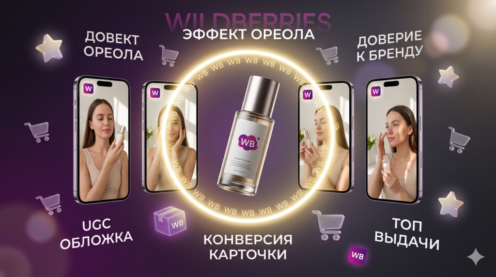 Концептуальная иллюстрация эффекта ореола на Wildberries: четыре смартфона с UGC-видео девушки с косметикой, золотое свечение вокруг центрального флакона с логотипом WB, маркеры «Эффект ореола», «Доверие к бренду» и «Топ выдачи».