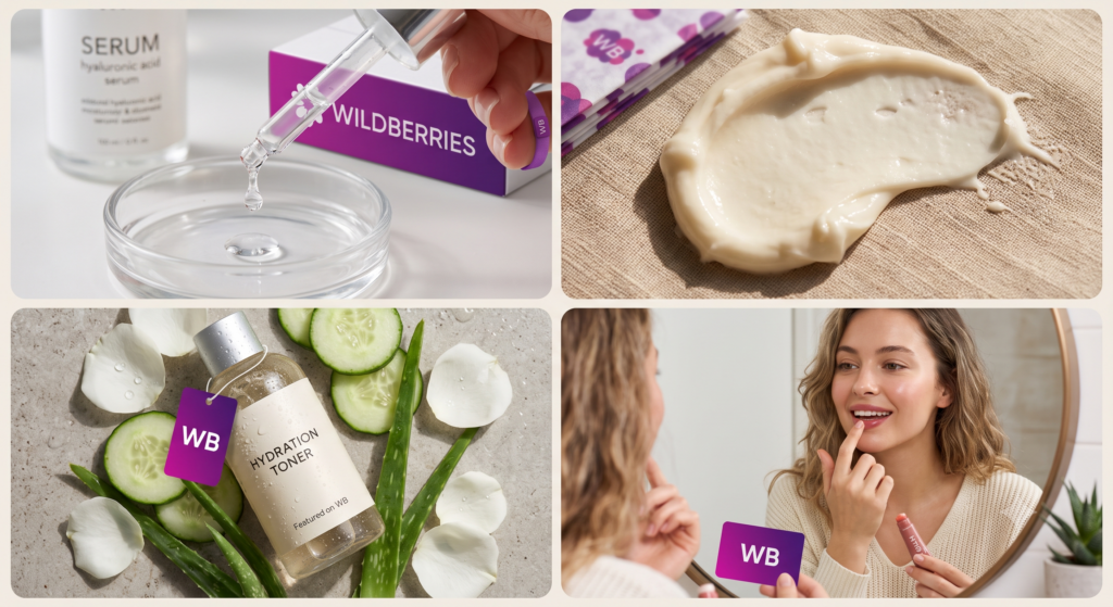 Четыре формата съёмки косметики для Wildberries: макро-капля сыворотки с пипеткой, текстура крема на ткани, flat lay тонера с огурцом и алоэ, UGC-демонстрация девушкой бальзама для губ в зеркале