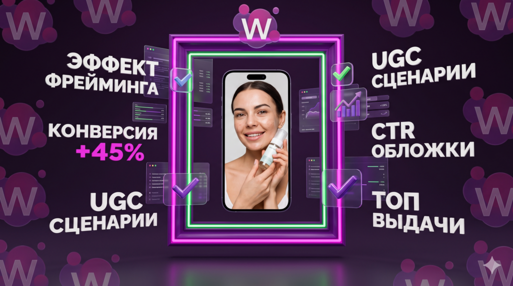 Концептуальная иллюстрация эффекта фрейминга на Wildberries: смартфон с UGC-видео девушки с косметикой в неоновой рамке, чек-листы сценариев, графики роста конверсии +45%, CTR обложки и топ выдачи АРК.