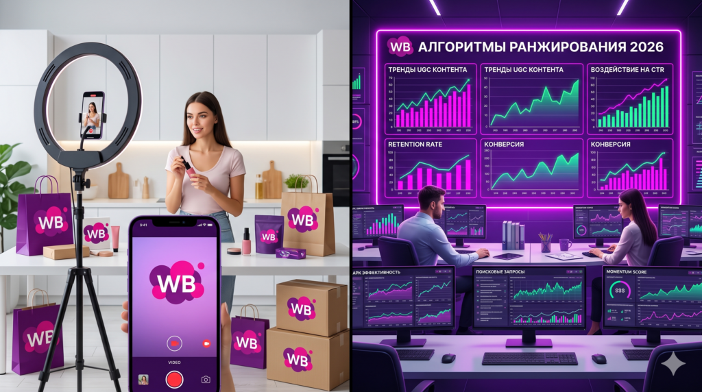 Концептуальная иллюстрация социального заражения и FOMO-эффекта на Wildberries: девушка снимает UGC-видео с косметикой на кухне, смартфон с интерфейсом записи, аналитический дашборд «Алгоритмы ранжирования WB 2026» с графиками трендов UGC, retention rate и конверсии.