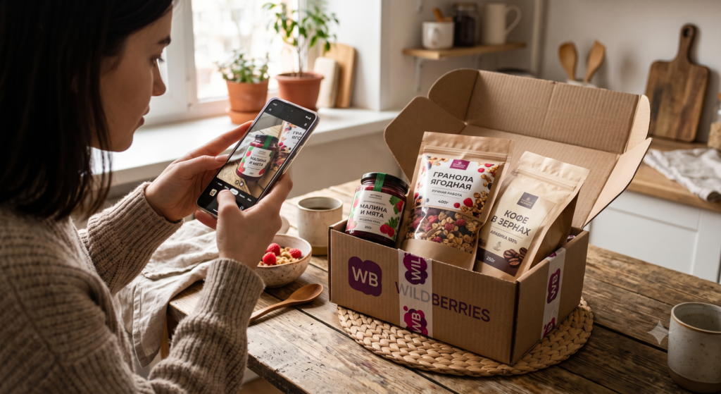 Девушка снимает на смартфон продукты из коробки Wildberries — варенье малина и мята, ягодная гранола и кофе в зёрнах, уютная кухня с деревянным столом, миска гранолы с ягодами и керамические чашки