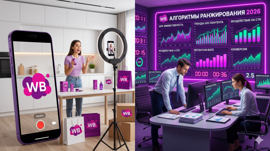 Концептуальная иллюстрация триггера дефицита времени в АРК Wildberries: девушка снимает динамичный UGC-видеообзор на кухне, аналитический дашборд «Алгоритмы ранжирования WB 2026» с графиками АРК-эффективности, retention rate, конверсии и momentum score.