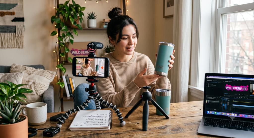 Female UGC creator filming product review of branded tumbler for Wildberries marketplace, smartphone on JOBY tripod with Rode microphone, laptop showing video editing software, cozy home studio setup