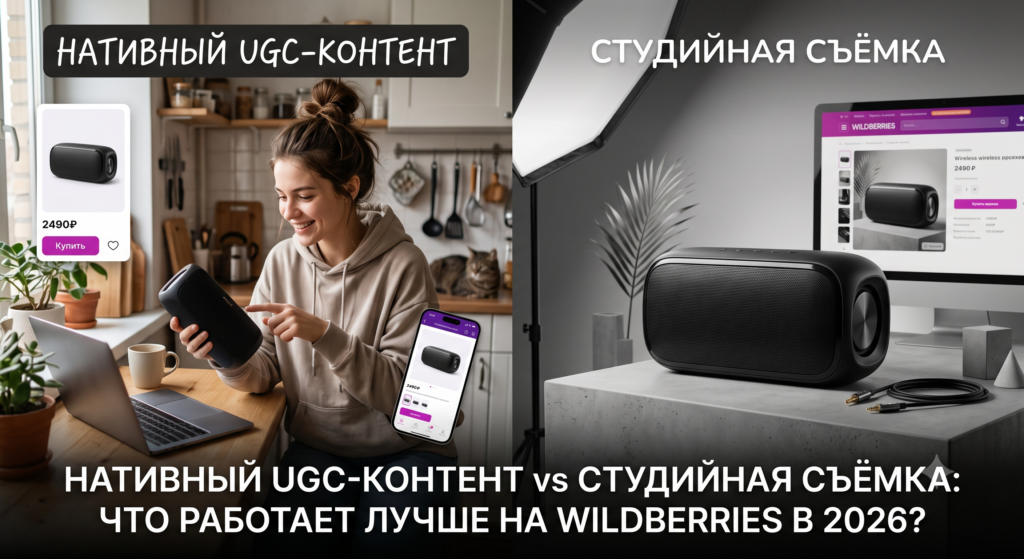 Сравнение нативного UGC-контента и студийной съёмки для карточки товара на Wildberries — девушка снимает обзор портативной колонки на кухне против профессиональной студийной фотосессии той же колонки на бетонном подиуме со студийным светом