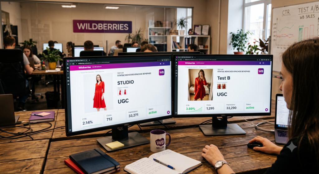 Аналитик в офисе Wildberries проводит A/B-тестирование превью карточки «Платье женское красное вечернее»: вариант А со студийным фото (CTR 2.14%, 712 кликов) против варианта Б с UGC-фото от покупателя (CTR 3.89%, 1295 кликов), сравнение метрик в реальном времени на дашборде