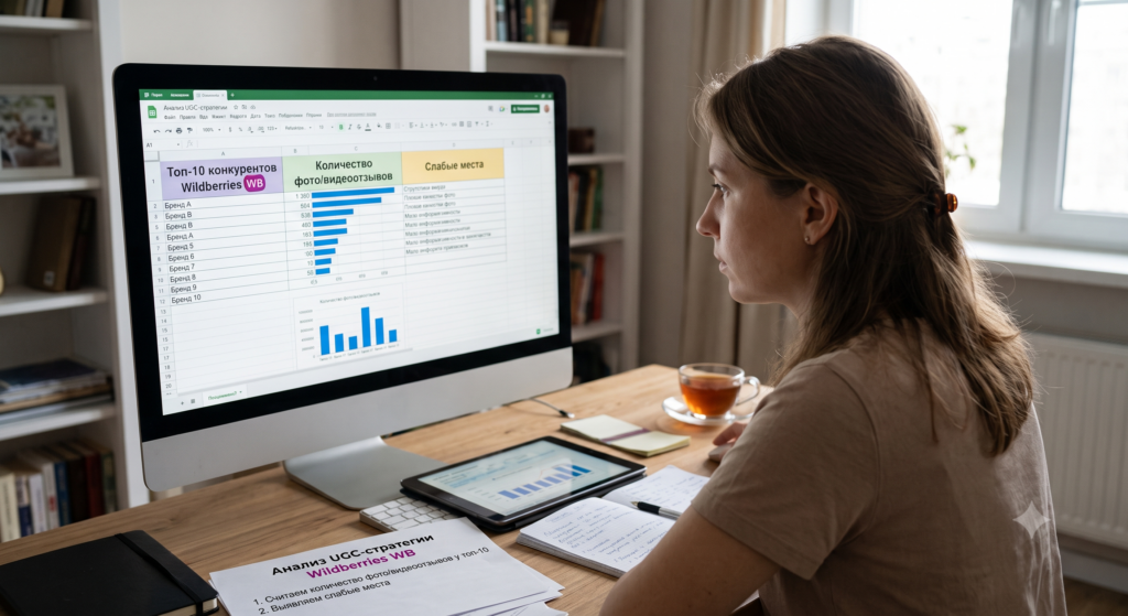 Аналитик анализирует UGC-стратегию конкурентов на Wildberries: Excel-матрица топ-10 конкурентов с количеством фото и видеоотзывов, диаграммами объёма и выявленными слабыми местами лидеров категории
