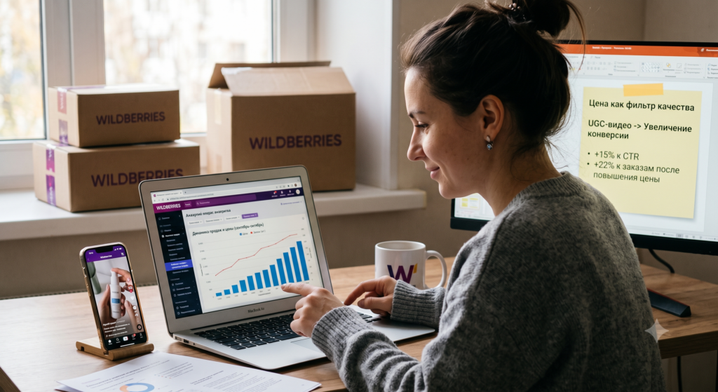 Селлер за рабочим столом с коробками Wildberries анализирует на MacBook график динамики продаж и цен: повышение цены при наличии UGC-видео дало +15% к CTR и +22% к заказам, демонстрируя эффект цены как фильтра качества на маркетплейсе
