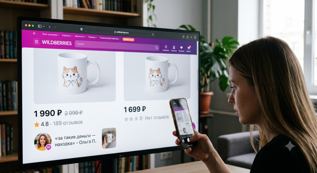 Девушка сравнивает на мониторе две карточки кружек на Wildberries: слева товар за 1990 ₽ с рейтингом 4.8 и 189 отзывами, включая «за такие деньги — находка», продаёт лучше, чем справа аналог за 1699 ₽ без отзывов и нулевым рейтингом — демонстрация силы UGC-подтверждения ценового якоря