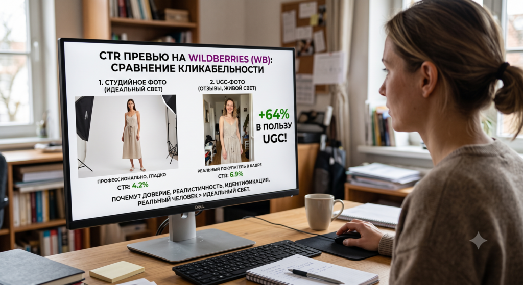 Инфографика сравнения CTR превью на Wildberries: студийное фото с идеальным светом (CTR 4.2%) против UGC-фото с реальным покупателем в кадре (CTR 6.9%), рост кликабельности +64% в пользу пользовательского контента за счёт доверия, реалистичности и идентификации