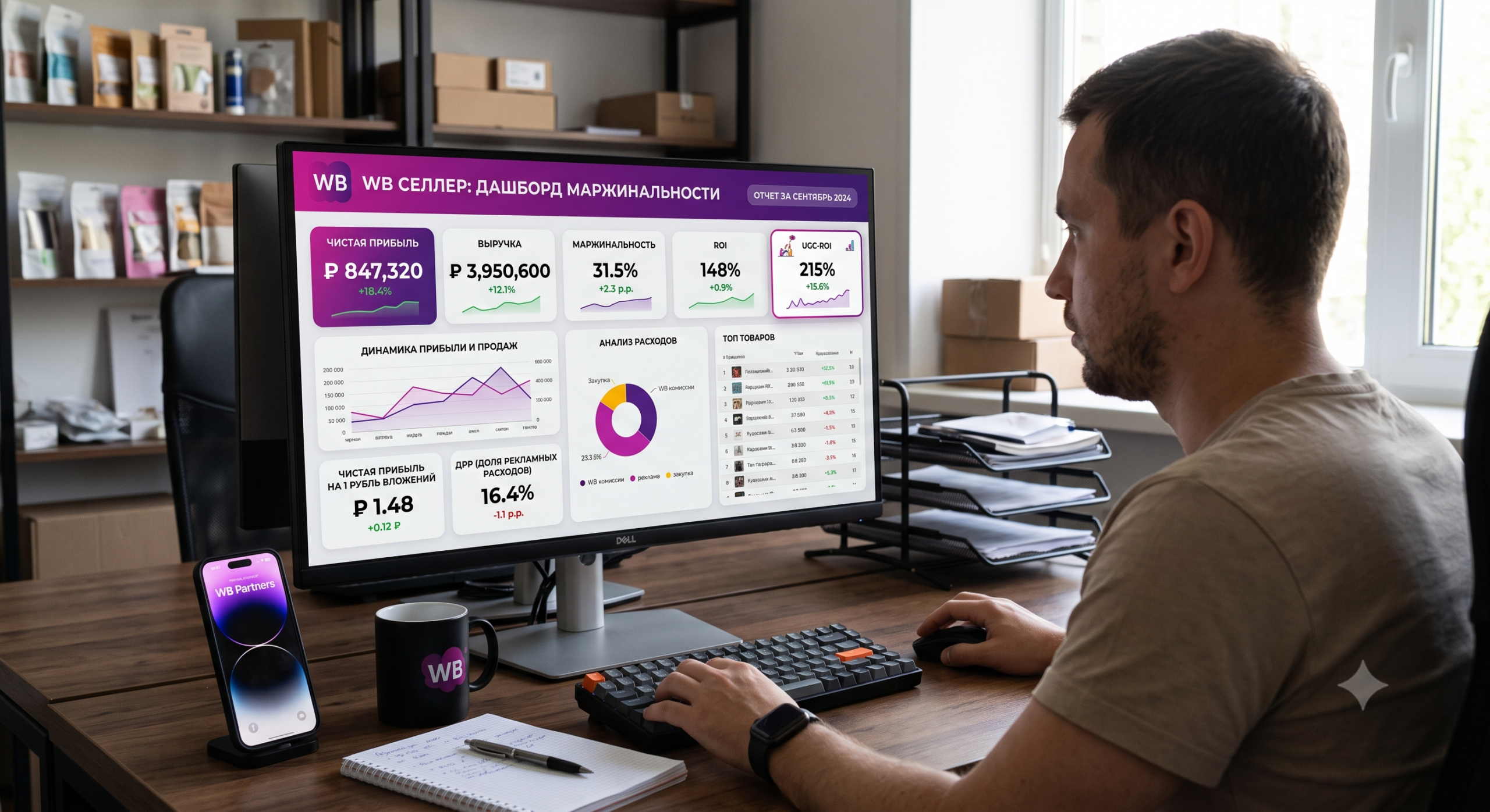 Дашборд маржинальности селлера Wildberries WB: семь цифр включая UGC-ROI и чистую прибыль на рубль вложений
