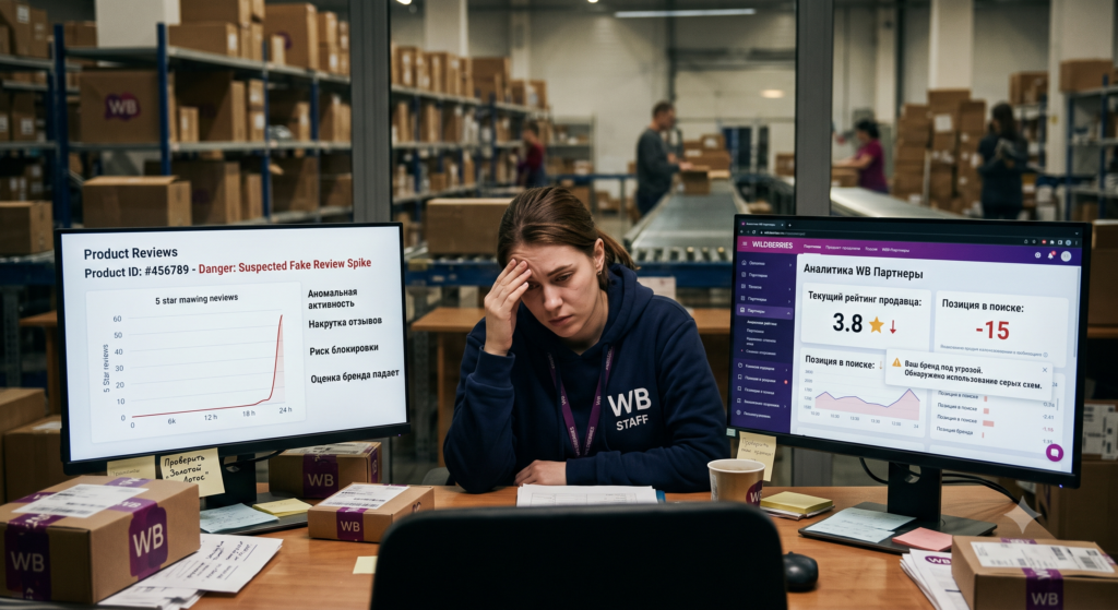Сотрудник Wildberries обнаруживает фейковые отзывы и накрутку на мониторах — аномальный всплеск 5-звёздочных отзывов, падение рейтинга продавца до 3.8, позиция в поиске -15, предупреждение о серых схемах, склад WB