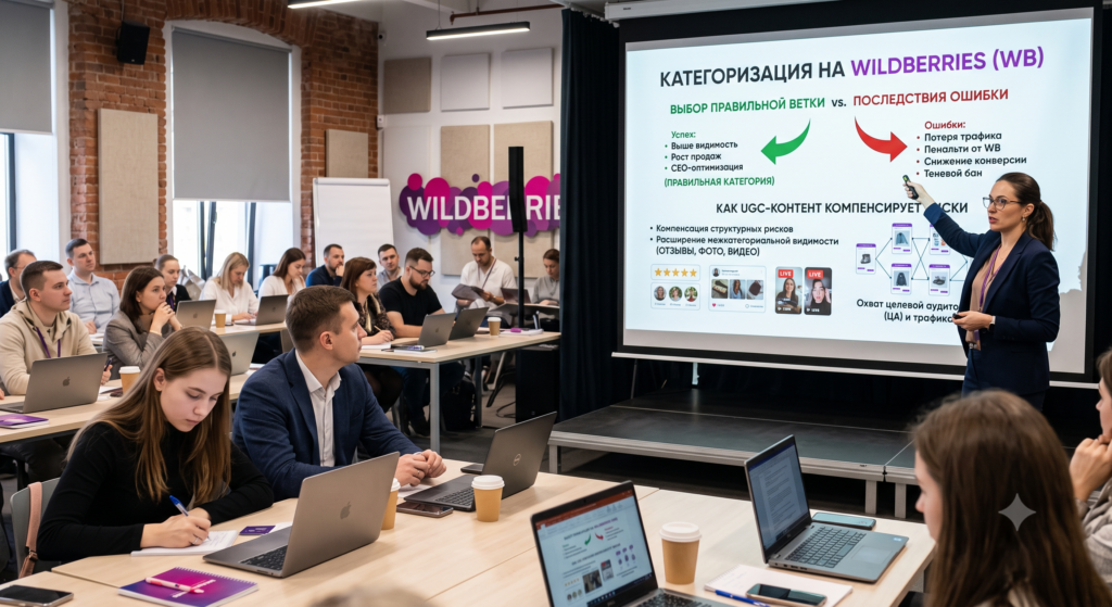 Инфографика категоризации на Wildberries: выбор правильной ветки товара vs последствия ошибки (потеря трафика, пенальти, снижение конверсии), а также роль UGC-контента в компенсации структурных рисков и расширении межкатегориальной видимости