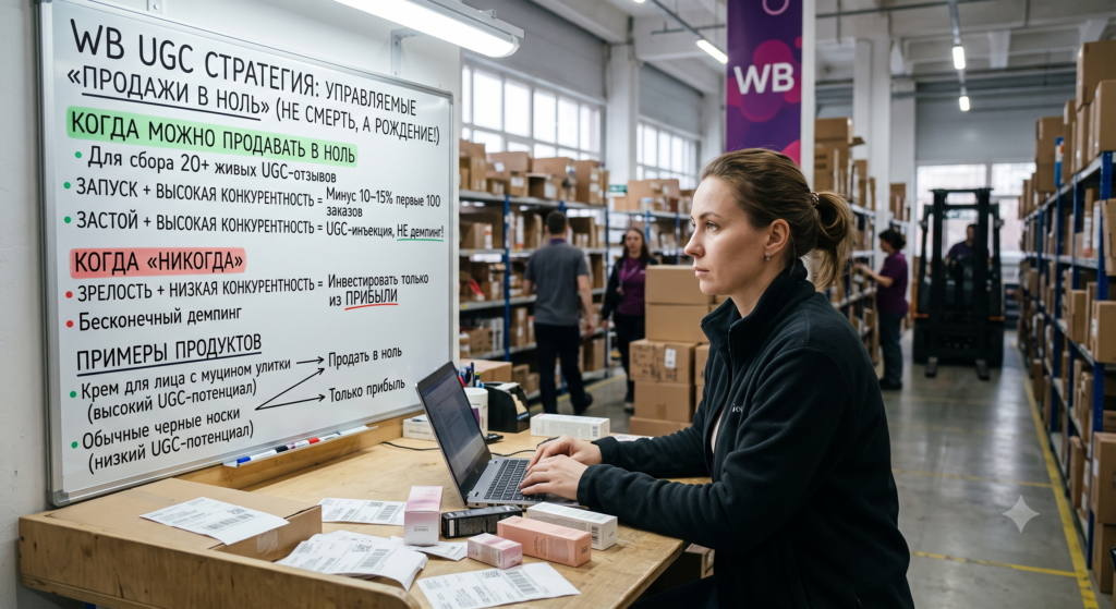 Менеджер на складе Wildberries изучает стратегическую доску «WB UGC СТРАТЕГИЯ: УПРАВЛЯЕМЫЕ „ПРОДАЖИ В НОЛЬ“ (не смерть, а рождение!)» с условиями: когда можно продавать в ноль — для сбора 20+ живых UGC-отзывов, запуск + высокая конкурентность, застой + высокая конкурентность = UGC-инъекция, не демпинг; и когда никогда — зрелость + низкая конкурентность, бесконечный демпинг