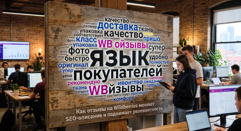 Офис команды Wildberries с большим деревянным стендом-облаком слов из отзывов покупателей: язык покупателей (качество, доставка, фото, упаковка, рекомендую, оригинал, комфорт) формирует семантическую карту UGC, которая меняет SEO-описание и поднимает релевантность карточки