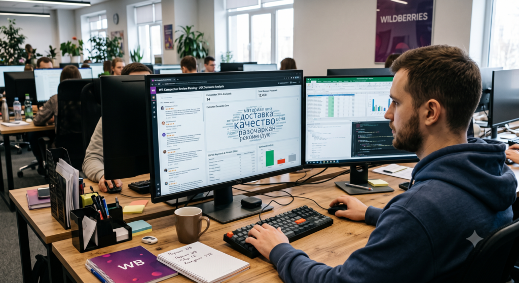 Рабочее пространство аналитика Wildberries с интерфейсом парсинга отзывов конкурентов: облако семантического ядра из UGC (качество, доставка, материал, цена, размер), анализ 14 SKU и 12 450 отзывов, сентимент-анализ и поиск слепых зон в языке покупателей для закрытия неосвоенных запросов