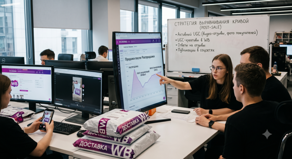 Аналитик за монитором изучает график постакционного провала на Wildberries: линия продаж резко падает после распродажи, но UGC-свежесть (новые отзывы и видео за 7 дней) выравнивает кривую, снижая глубину провала с -60% до -15% и ускоряя восстановление метрик