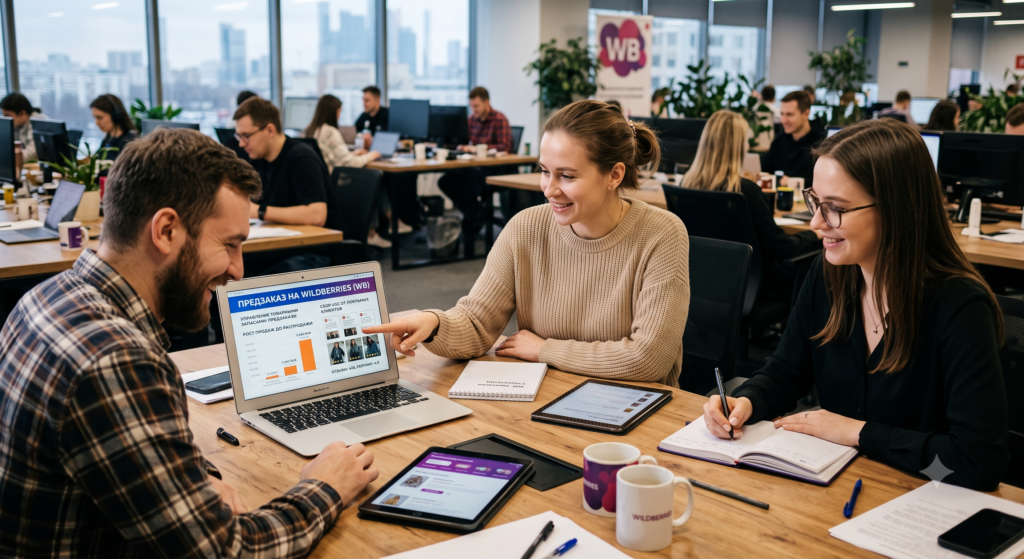Команда селлеров в офисе Wildberries обсуждает стратегию предзаказа: на MacBook — дашборд «Предзаказ на Wildberries (WB)» с графиком роста продаж до распродажи, управлением товарными запасами и сбором UGC от лояльных клиентов, 428 отзывов и рейтинг 4.3