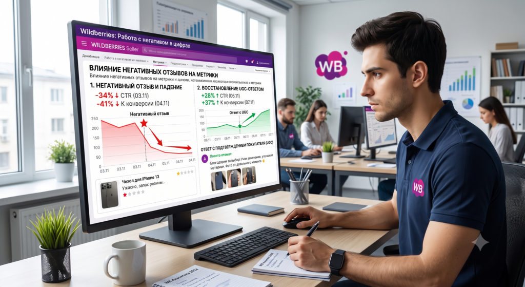 Сотрудник Wildberries в офисе анализирует на мониторе дашборд «Работа с негативом в цифрах»: слева — падение CTR на 34% и конверсии на 41% после негативного отзыва, справа — восстановление метрик на +28% CTR и +37% конверсии после UGC-ответа с фото от довольного клиента