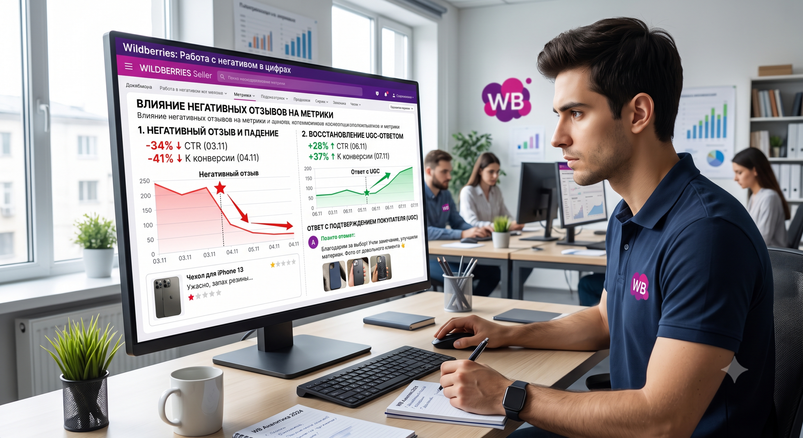 Работа с негативом в цифрах на Wildberries WB: как негативные отзывы меняют CTR и конверсию, и как ответы с UGC-подтверждением нивелируют эффект — считаем падение метрик после негатива и восстановление после публикации контрастного UGC