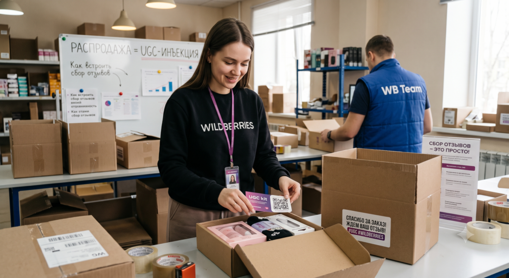 Сотрудница Wildberries на складе упаковывает заказ и вкладывает UGC kit с QR-кодом для сбора отзывов. На доске — схема «РАСПРОДАЖА = UGC-ИНЪЕКЦИЯ: Как встроить сбор отзывов», коробка с наклейкой «СПАСИБО ЗА ЗАКАЗ! ЖДЁМ ВАШ ОТЗЫВ! #UGC #WILDBERRIES»
