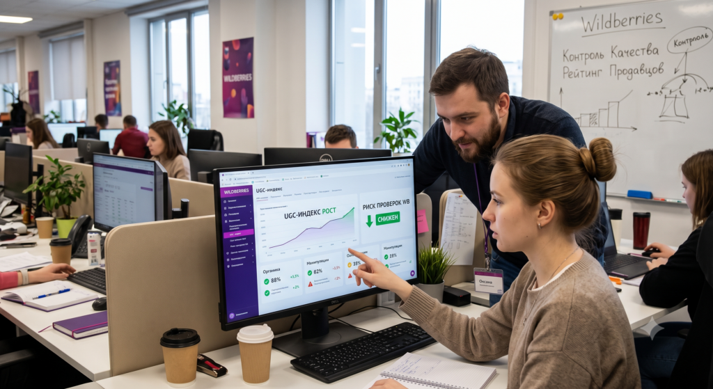 Сотрудники отдела качества Wildberries анализируют дашборд UGC-индекса: на экране график роста, метрики «Органика 88%», «Манипуляции 62%», «РИСК ПРОВЕРОК WB СНИЖЕН» с зелёной стрелкой. Девушка Оксана указывает на показатели, коллега изучает данные. На доске — схема контроля качества и рейтинга продавцов