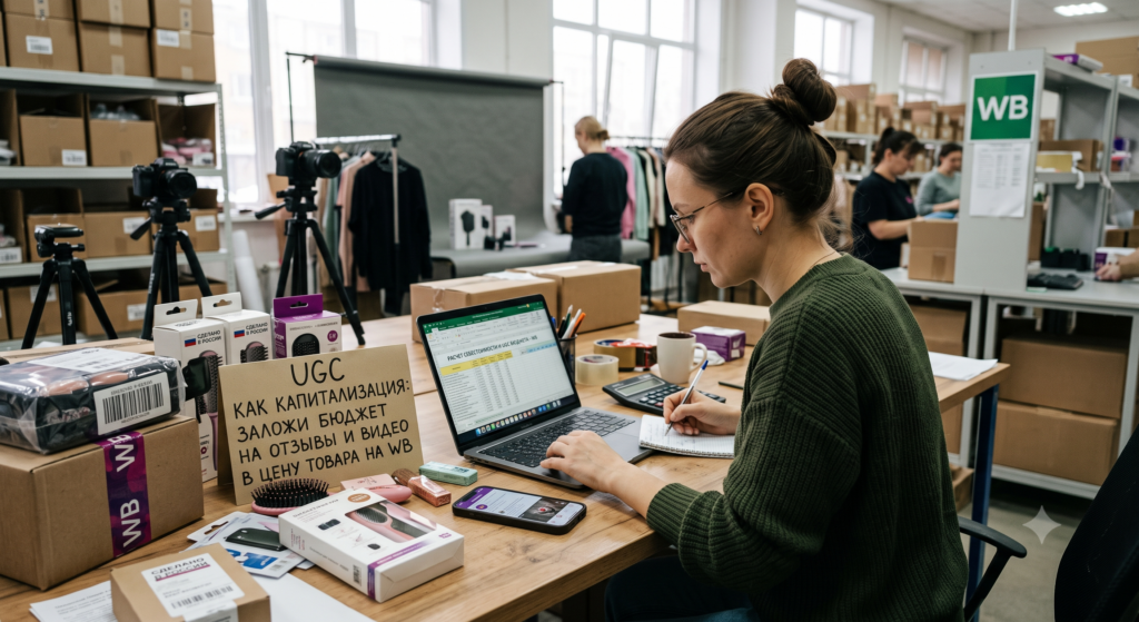 Селлер на складе Wildberries рассчитывает в Excel бюджет на UGC: на столе — плакат «UGC КАК КАПИТАЛИЗАЦИЯ: ЗАЛОЖИ БЮДЖЕТ НА ОТЗЫВЫ И ВИДЕО В ЦЕНУ ТОВАРА НА WB», товары для обзоров, коробки WB, камеры на штативах. На MacBook — таблица «Расчёт себестоимости и UGC бюджета»