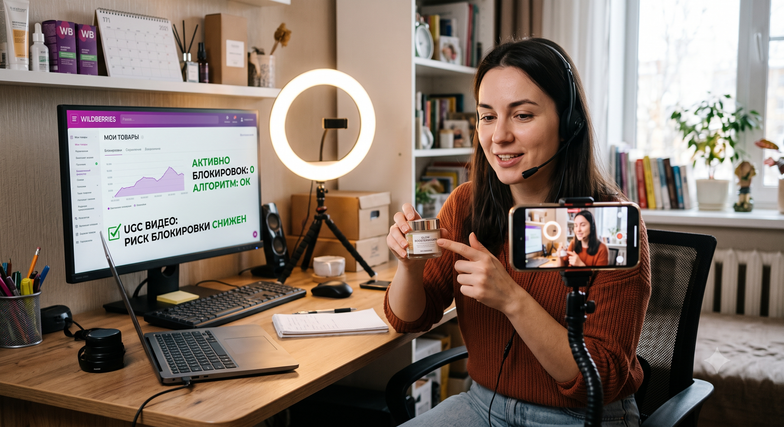 Селлер в наушниках с микрофоном снимает UGC-видеообзор крема «Glow Boost» на смартфон на штативе в домашнем офисе. На мониторе — кабинет Wildberries «Мои товары» с графиком продаж и зелёными маркерами «АКТИВНО БЛОКИРОВОК: 0», «АЛГОРИТМ: OK», «UGC ВИДЕО: РИСК БЛОКИРОВКИ СНИЖЕН». UGC-видео снижает риск блокировки карточки алгоритмом WB